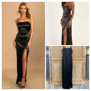 Lulus meant to be romanced black satin column maxi dress slit spaghetti strap